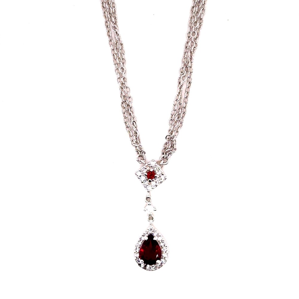 Silver Tone Multi Strand Red Pear Drop Pendant Necklace 18-19.5 Inch